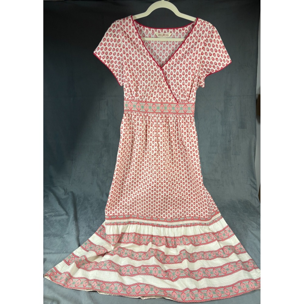 April Cornell Maxi Dress Red White Floral Tiered Tie Back Cottagecore Womens S